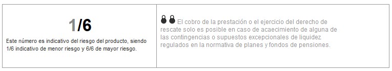 1/6. Este número es indicativo del riesgo del producto, siendo 1/6 indicativo de menor riesgo y 6/6 de mayor riesgo. 1/6 Este número es indicativo del riesgo del producto, siendo 1/6 indicativo de menor riesgo y 6/6 de mayor riesgo.